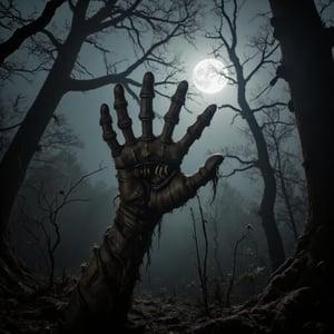 Amidst a misty, moonlit forest, a towering, ancient tree looms in the background, its branches like skeletal fingers reaching for the sky. In the foreground, a grasping, bony hand emerges from darkness, the long fingers curled into a menacing claw, as if trying to snatch unsuspecting prey. The image is bathed in an eerie, silvery glow, casting long shadows across the forest floor. A faint, unsettling smile seems to be playing on the lips of the hand, hinting at a malevolent presence lurking just out of sight,closeup,16k image