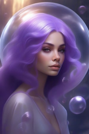 In a futuristic era of 2042, a stunning woman with purple hair and majestic features sits majestically in a bubble-like sphere, surrounded by shimmering bubbles. Her eyes are half-closed, her mouth is closed, and she wears a gentle smile as she gazes directly at the viewer. Her long, flowing hair cascades down her back like a fiery waterfall. The background glows with an ethereal light, casting a warm ambiance on her radiant features.