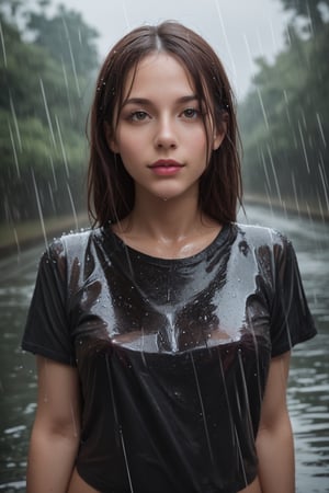 prompt score_9, score_8_up, score_7_up, source_real, realistic photo, detailed skin, girl wearing neon shirt, standing in the rain with wet hair