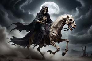 A fearsome, skeletal grim reaper, cloaked in a tattered, billowing garment, astride a ghostly, pale steed, charging through a dense, swirling cloud of ghostlike dust and undead entities in a dark, moonlit night sky. The reaper's bony hand unleashing an ethereal, disintegrating force upon all it touches.