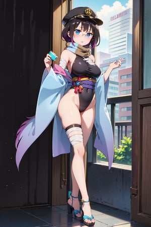 Elma has short black hair dyed purple at the ends, and a long spiral unicorn horn (which she can freely hide), she has blue eyes, wears round glasses, and wears a light brown scarf with a leotard. dark blue (sometimes black), She wears a purple kimono, with a navy blue obi over it, with the cap buttoned down, She has bandages around her legs and sandals, Her train is cobalt blue and turquoise (which can be hidden freely ), carries a long brown trident,elma,cammystretch,elma joui