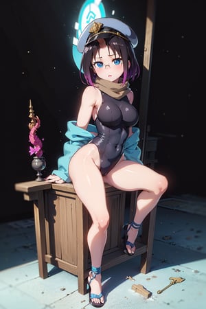 Elma has short black hair dyed purple at the ends, and a long spiral unicorn horn (which she can freely hide), she has blue eyes, wears round glasses, and wears a light brown scarf with a leotard. dark blue (sometimes black), She wears a purple kimono, with a navy blue obi over it, with the cap buttoned down, She has bandages around her legs and sandals, Her train is cobalt blue and turquoise (which can be hidden freely ), carries a long brown trident,elma,cammystretch,elma joui