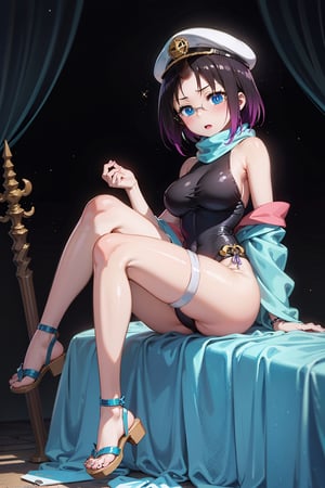 Elma has short black hair dyed purple at the ends, and a long spiral unicorn horn (which she can freely hide), she has blue eyes, wears round glasses, and wears a light brown scarf with a leotard. dark blue (sometimes black), She wears a purple kimono, with a navy blue obi over it, with the cap buttoned down, She has bandages around her legs and sandals, Her train is cobalt blue and turquoise (which can be hidden freely ), carries a long brown trident,elma,cammystretch,elma joui