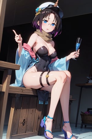 Elma has short black hair dyed purple at the ends, and a long spiral unicorn horn (which she can freely hide), she has blue eyes, wears round glasses, and wears a light brown scarf with a leotard. dark blue (sometimes black), She wears a purple kimono, with a navy blue obi over it, with the cap buttoned down, She has bandages around her legs and sandals, Her train is cobalt blue and turquoise (which can be hidden freely ), carries a long brown trident,elma,cammystretch,elma joui