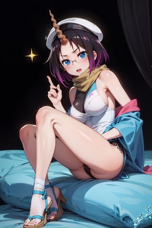 Elma has short black hair dyed purple at the ends, and a long spiral unicorn horn (which she can freely hide), she has blue eyes, wears round glasses, and wears a light brown scarf with a leotard. dark blue (sometimes black), She wears a purple kimono, with a navy blue obi over it, with the cap buttoned down, She has bandages around her legs and sandals, Her train is cobalt blue and turquoise (which can be hidden freely ), carries a long brown trident,elma,cammystretch,elma joui