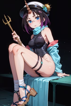 Elma has short black hair dyed purple at the ends, and a long spiral unicorn horn (which she can freely hide), she has blue eyes, wears round glasses, and wears a light brown scarf with a leotard. dark blue (sometimes black), She wears a purple kimono, with a navy blue obi over it, with the cap buttoned down, She has bandages around her legs and sandals, Her train is cobalt blue and turquoise (which can be hidden freely ), carries a long brown trident,elma,cammystretch,elma joui