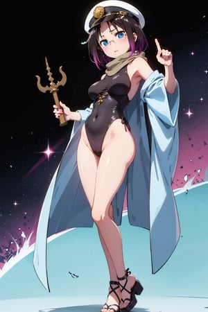 Elma has short black hair dyed purple at the ends, and a long spiral unicorn horn (which she can freely hide), she has blue eyes, wears round glasses, and wears a light brown scarf with a leotard. dark blue (sometimes black), She wears a purple kimono, with a navy blue obi over it, with the cap buttoned down, She has bandages around her legs and sandals, Her train is cobalt blue and turquoise (which can be hidden freely ), carries a long brown trident,elma,cammystretch,elma joui