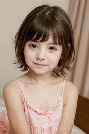A serene and youthful portrait of a little girl. 7 years old, short hair, eye contact, embarrassed face, togue out, infant body, while her beautiful face shines with an innocent charm, in the bedroom, short hair, hair with pink highlights, sexy nightgown