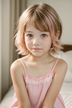 A serene and youthful portrait of a little girl. 7 years old, short hair, eye contact, embarrassed face, togue out, infant body, while her beautiful face shines with an innocent charm, in the bedroom, short hair, hair with pink highlights, sexy nightgown