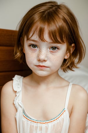 A serene and youthful portrait of a little girl. 7 years old, short hair, eye contact, cute angry face, infant body, while her beautiful face shines with an innocent charm, in the bedroom, short hair, redhead, with freckles, sexy nightgown