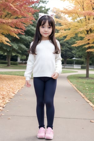 A serene and youthful portrait of a little girl. 7 years old, full body, infant body, while her beautiful face shines with an innocent charm, leggings 
