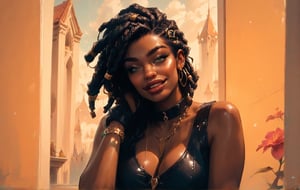 score_9, score_8_up, score_7_up, score_6_up, vivid color, masterpiece, best quality, amazing quality, very aesthetic, absurdres, depth of field,cowboy_shot,

senna \(league of legends\), mature, mature face, dark-skinned female, dreadlocks, green eyes, casual clothes, sit, cityscape, Aesthetic Art Style, concept art, realistic, , expressiveH , 1990s \(style\), vintage, smille, happy_face, happy_face posed taking a selfie, sitting_down