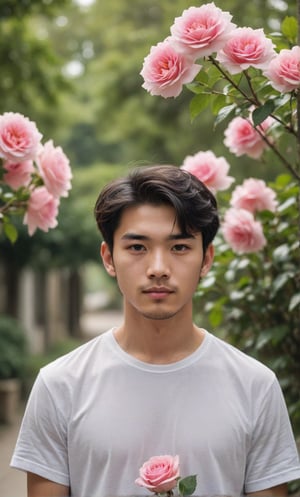 solo, looking at viewer, short hair, shirt, black hair, 1boy, white shirt, upper body, flower, short sleeves, male focus, outdoors, day, blurry, black eyes, blurry background, rose, facial hair, t-shirt, pink flower, bouquet, realistic, pink rose,Handsome  Taiwanese