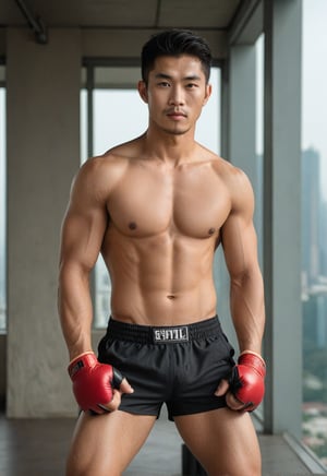 A handsome young man with a Korean-looking face, 29 years old, not wearing a shirt, in a tall building, the backdrop is a mirror with a view from a tall building, healthy with six packs, looks Cheeky, mischievous, naughty_face, the lighting looks alluring, model, male muay thai pants model, photo shoot