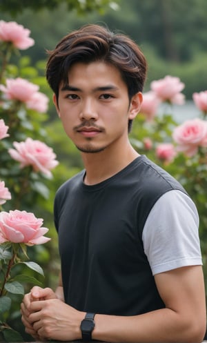 solo, looking at viewer, short hair, shirt, black hair, 1boy, white shirt, upper body, flower, short sleeves, male focus, outdoors, day, blurry, black eyes, blurry background, rose, facial hair, t-shirt, pink flower, bouquet, realistic, pink rose,Handsome  Taiwanese