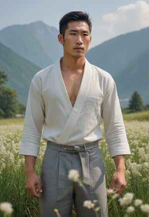 A serene 29-year-old Japanese man, standing tall at Field of Imperata cylindrica with delicate white flowers, his luminous complexion radiates a subtle sheen. Dampened by exertion, his attire clings to his toned physique. Majestic mountains tower in the misty background, their peaks shrouded in serenity. The subject's dynamic pose exudes vitality within the harmonious golden ratio composition.