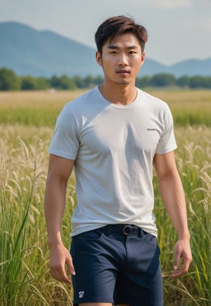 A handsome young man with a Korean-looking face, 29 years old, healthy lips, standing in a vast grassy field, the backdrop is an endless horizon with blue skies, healthy with a six-pack in sport shirt, looks cheeky, mischievous, naughty-faced, the lighting looks alluring, model, male soccer's pants model, photo shoot, upper body, strict physical, high-impact strictly face detail, Panasonic lumix gm1,70-200mm f3.5 bokeh,  Looks lively and lifelike,Field of Imperata cylindrica with white flowers 