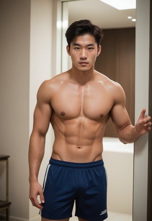 In a room within an old, majestic building, there stands a handsome young man, aged 29, with striking Korean features. His lips are full and healthy, complementing his overall appearance. Positioned against a backdrop of a tall building seen through a mirror, he exudes confidence and charm. His physique is impressive, boasting a well-defined six-pack. His expression is cheeky, mischievous, with a hint of naughtiness in his eyes. The lighting accentuates his allure, giving him the aura of a male model or a soccer pants model. The focus of the photo shoot is on his upper body, with strict attention to physical details. The white balance and contrast are carefully adjusted to enhance the overall aesthetic.