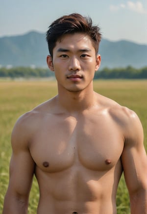 A handsome young man with a Korean-looking face, 29 years old, healthy lips, standing in a vast grassy field, the backdrop is an endless horizon with blue skies, healthy with a six-pack, looks cheeky, mischievous, naughty-faced, the lighting looks alluring, photo shoot, upper body, strict physical, high-impact strictly face detail, sony a7iii with 
 70-200mm Lens with  f3.5 aperture