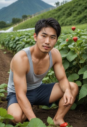 A handsome Japanese young man, 29 years old, with white and clear skin, sweating profusely, sitting on knees at next to a strawberry patch, working hard. His clothes are wet with sweat, high mountains in the background, beautiful views, and a golden ratio face.Looks lively and lifelike