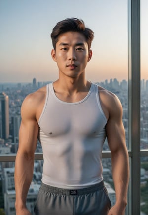 A handsome young man with a Korean-looking face, 29 years old, healthy libs, in a tall building, the backdrop is a mirror with a view from a tall and old building,twilight mood and tone, healthy with Sixpack in tight sportswear, looks Cheeky, mischievous, naughty_face, the lighting looks alluring, model, male sportswear model, photo shoot, upper_body ,strict physical ,strictly_mouth, good white balance and contrast,"An image with a composition based on the Golden Ratio."