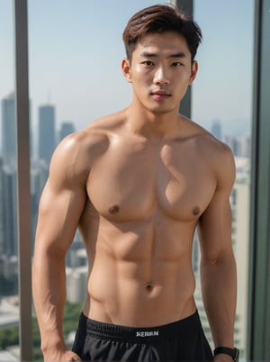 A handsome young man with a Korean-looking face, 29 years old, healthy libs, in a tall building, the backdrop is a mirror with a view from a older tall building, healthy with Sixpack, looks Cheeky, mischievous, naughty_face, the lighting looks alluring, model, male sportswear model, photo shoot, upper_body ,strict physical rendering, good white balance and contrast