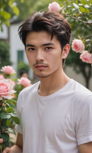 solo, looking at viewer, short hair, shirt, black hair, 1boy, white shirt, upper body, flower, short sleeves, male focus, outdoors, day, blurry, black eyes, blurry background, rose, facial hair, t-shirt, pink flower, bouquet, realistic, pink rose,Handsome  Taiwanese 