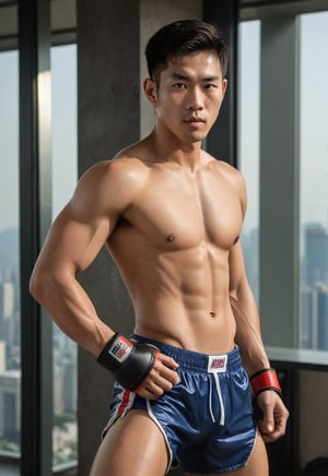 A handsome young man with a Korean-looking face, 29 years old, not wearing a shirt, in a tall building, the backdrop is a mirror with a view from a tall building, healthy with six packs, looks Cheeky, mischievous, naughty_face, the lighting looks alluring, model, male muay thai pants ,model, photo shooting 