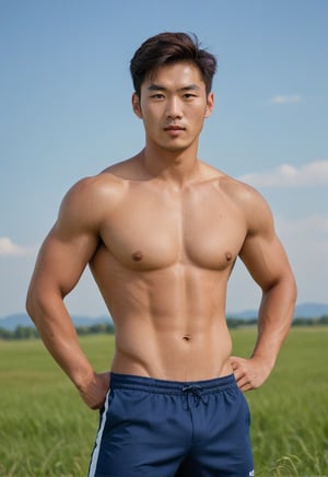 A handsome young man with a Korean-looking face, 29 years old, healthy lips, standing in a vast grassy field, the backdrop is an endless horizon with blue skies, healthy with a six-pack, looks cheeky, mischievous, naughty-faced, the lighting looks alluring, model, male soccer's pants model, photo shoot, upper body, strict physical, high-impact strictly face detail, sony a7iii with 
 70-200mm Lens with  f3.5 aperture