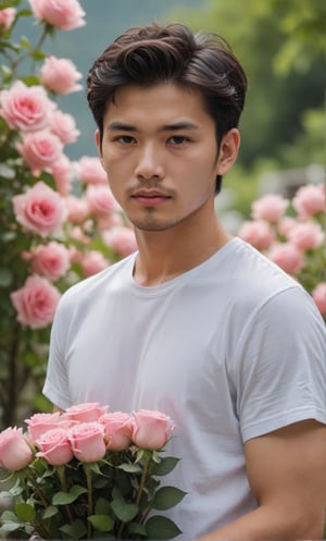 solo, looking at viewer, short hair, shirt, black hair, 1boy, white shirt, upper body, flower, short sleeves, male focus, outdoors, day, blurry, black eyes, blurry background, rose, facial hair, t-shirt, pink flower, bouquet, realistic, pink rose,Handsome  Taiwanese