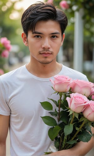 solo, looking at viewer, short hair, shirt, black hair, 1boy, white shirt, upper body, flower, short sleeves, male focus, outdoors, day, blurry, black eyes, blurry background, rose, facial hair, t-shirt, pink flower, bouquet, realistic, pink rose,Handsome Taiwanese