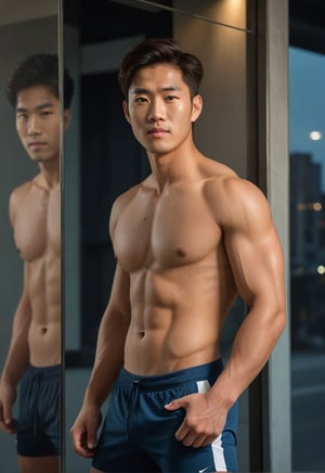 A handsome young Korean-looking man, 29 years old,((strict physical detailing)),flaunts his toned physique in tight sportswear, showcasing six-pack abs. Standing before a mirror-backed window, the twilight atmosphere casts an alluring glow, accentuating his cheeky, mischievous expression and naughty grin. Framed by the building's sleek architecture, the model's upper body is the focal point, with strict physical lines emphasizing his athletic build. The photographer's keen eye captures the perfect balance of light and shadow, achieving a crisp white tone and striking contrast. Composed in harmony with the Golden Ratio, this image exudes confidence and charisma,classified advertisement