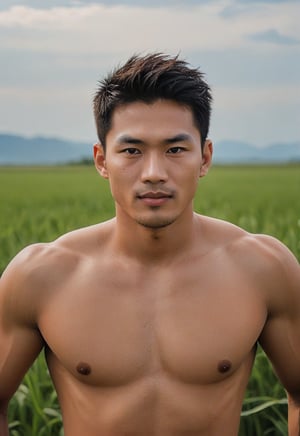 A handsome young man with a taiwanese-looking face, 29 years old, healthy lips, standing in a vast grassy field, the backdrop is an endless horizon with blue skies, healthy with a six-pack, looks cheeky, mischievous, naughty-faced, the lighting looks alluring, photo shoot, upper body, strict physical, high-impact strictly face detail, sony a7iii with 
 70-200mm Lens with  f3.5 aperture