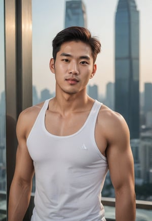 A handsome young man with a Korean-looking face, 29 yo, healthy libs, in a tall building, the backdrop is a mirror with a view from a old and tall building, healthy with Sixpack, looks Cheeky, mischievous, naughty_face, the lighting looks alluring, model, male sportswear model, photo shoot, upper_body ,strict physical rendering, good white balance and contrast