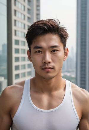 A handsome young man with a Korean-looking face, 29 years old, healthy libs, in a tall building, the backdrop is a mirror with a view from a older tall building, healthy with Sixpack, looks Cheeky, mischievous, naughty_face, the lighting looks alluring, model, male sportswear model, photo shoot, upper_body ,strict physical rendering, good white balance and contrast