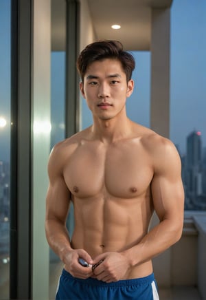 A handsome young man with a Korean-looking face, 29 years old, healthy libs, in a tall building, the backdrop is a mirror with a view from a tall and old building,twilight mood and tone, healthy with Sixpack in tight sportswear, looks Cheeky, mischievous, naughty_face, the lighting looks alluring, model, male sportswear model, photo shoot, upper_body ,strict physical ,strictly_mouth, good white balance and contrast,"An image with a composition based on the Golden Ratio."