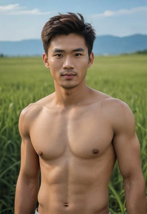 A handsome young man with a taiwanese-looking face, 29 years old, healthy lips, standing in a vast grassy field, the backdrop is an endless horizon with blue skies, healthy with a six-pack, looks cheeky, mischievous, naughty-faced, the lighting looks alluring, photo shoot, upper body, strict physical, high-impact strictly face detail, sony a7iii with 
 70-200mm Lens with  f3.5 aperture
