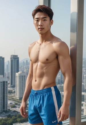 A handsome young man with a Korean-looking face, 29 years old, healthy libs, in a tall building, the backdrop is a mirror with a view from a tall building, healthy with Sixpack, looks Cheeky, mischievous, naughty_face, the lighting looks alluring, model, male sportswear model, photo shoot, upper_body ,strict physical rendering, good white balance and contrast