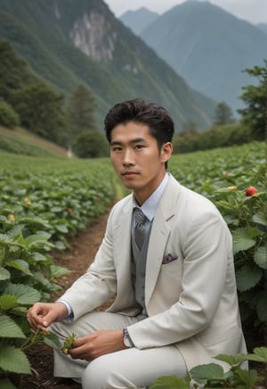 A young Japanese man, 29, sits kneeled beside a lush strawberry patch, his radiant complexion glowing with subtle sheen. Dampened by exertion, his attire clings to his physique. Towering mountains majestically rise in the background, their peaks shrouded in misty serenity. The subject's pose exudes vitality, captured within the harmonious confines of a golden ratio composition.