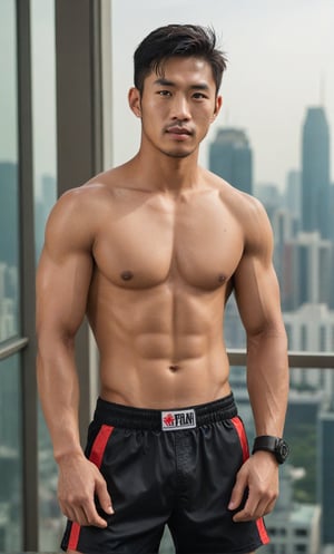 A handsome young man with a Korean-looking face, 29 years old, not wearing a shirt, in a tall building, the backdrop is a mirror with a view from a tall building, healthy with six packs, looks Cheeky, mischievous, naughty_face, the lighting looks alluring, model, male muay thai pants model, photo shoot