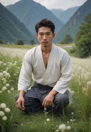 A serene 29-year-old Japanese man, kneeling amidst a lush Field of Imperata cylindrica with delicate white flowers, his luminous complexion radiates a subtle sheen. Dampened by exertion, his attire clings to his toned physique. Majestic mountains tower in the misty background, their peaks shrouded in serenity. The subject's dynamic pose exudes vitality within the harmonious golden ratio composition.