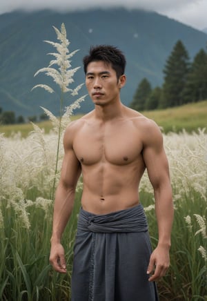 A serene 29-year-old Japanese man, standing tall at Field of Imperata cylindrica with delicate white flowers, his luminous complexion radiates a subtle sheen. Dampened by exertion, his attire clings to his toned physique. Majestic mountains tower in the misty background, their peaks shrouded in serenity. The subject's dynamic pose exudes vitality within the harmonious golden ratio composition.