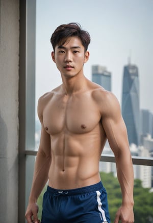 A handsome young man with a Korean-looking face, 29 years old, healthy libs, in a tall building, the backdrop is a mirror with a view from a tall building, healthy with Sixpack, looks Cheeky, mischievous, naughty_face, the lighting looks alluring, model, male sportswear model, photo shoot, upper_body ,strict physical rendering, good white balance and contrast