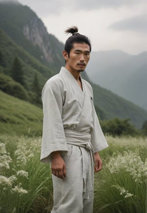 A serene 29-year-old Japanese man stands tall amidst a lush meadow of Imperata cylindrica with delicate white flowers swaying gently in the breeze. His luminous complexion radiates a subtle sheen as he faces forward, his dampened attire clinging to his toned physique from exertion. Majestic mountains tower in the misty background, their peaks shrouded in serenity. The subject's dynamic pose, grounded by a strong stance and deliberate arm placement, exudes vitality within the harmonious golden ratio composition, traditional unique outfit 