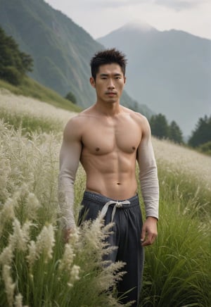 A serene 29-year-old Japanese man, standing tall at Field of Imperata cylindrica with delicate white flowers, his luminous complexion radiates a subtle sheen. Dampened by exertion, his attire clings to his toned physique. Majestic mountains tower in the misty background, their peaks shrouded in serenity. The subject's dynamic pose exudes vitality within the harmonious golden ratio composition.