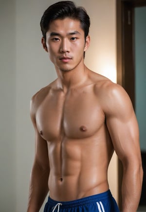 In a room within an old, majestic building, there stands a handsome young man, aged 29, with striking Korean features. His lips are full and healthy, complementing his overall appearance. Positioned against a backdrop of a tall building seen through a mirror, he exudes confidence and charm. His physique is impressive, boasting a well-defined six-pack. His expression is cheeky, mischievous, with a hint of naughtiness in his eyes. The lighting accentuates his allure, giving him the aura of a male model or a soccer pants model. The focus of the photo shoot is on his upper body, with strict attention to physical details. The white balance and contrast are carefully adjusted to enhance the overall aesthetic, moisture skin, glistening oiled skin 