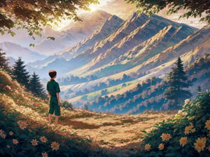 Nature, Green mountain, flower valley surrounding the mountain, a boy standing in the corner, golden sunlight, wide shot