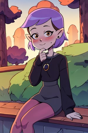 score_9, score_8_up, score_7_up, 1 teen girl, Amity Blight, short purple hair, brown eyes, pointy ears, yellow eyes, black shirt, detached_sleeves, red_leggings, sitting_down, park, sunset, looking at viewer, blushing, cartoon, beutiful light, shadows