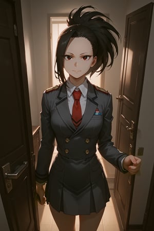 score_9, score_8_up, score_7_up, score_6_up, source_anime, masterpiece, best quality, ultra-detailed, highres, absurdres, cinematic lighting, 
1girl, solo, yaoyorozu momo, 
doorway, front door, answering door, hand on door, opening door, 
looking at viewer, 
female focus, 2/4 angle view, three quarter view, ,kaguya, black dress, closer,yaoyorozu momo, school uniform, grey uniform school, red tie,