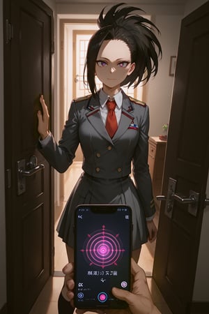 score_9, score_8_up, score_7_up, score_6_up, source_anime, masterpiece, best quality, ultra-detailed, highres, absurdres, cinematic lighting, 
1girl, solo, yaoyorozu momo, 
doorway, front door, answering door, hand on door, opening door, 
looking at viewer, 
female focus, 2/4 angle view, three quarter view, ,kaguya, black dress, closer,yaoyorozu momo, school uniform, grey uniform school, red tie, closer, 1boy, mind control, hypnosis, smartphone, pov holding phone